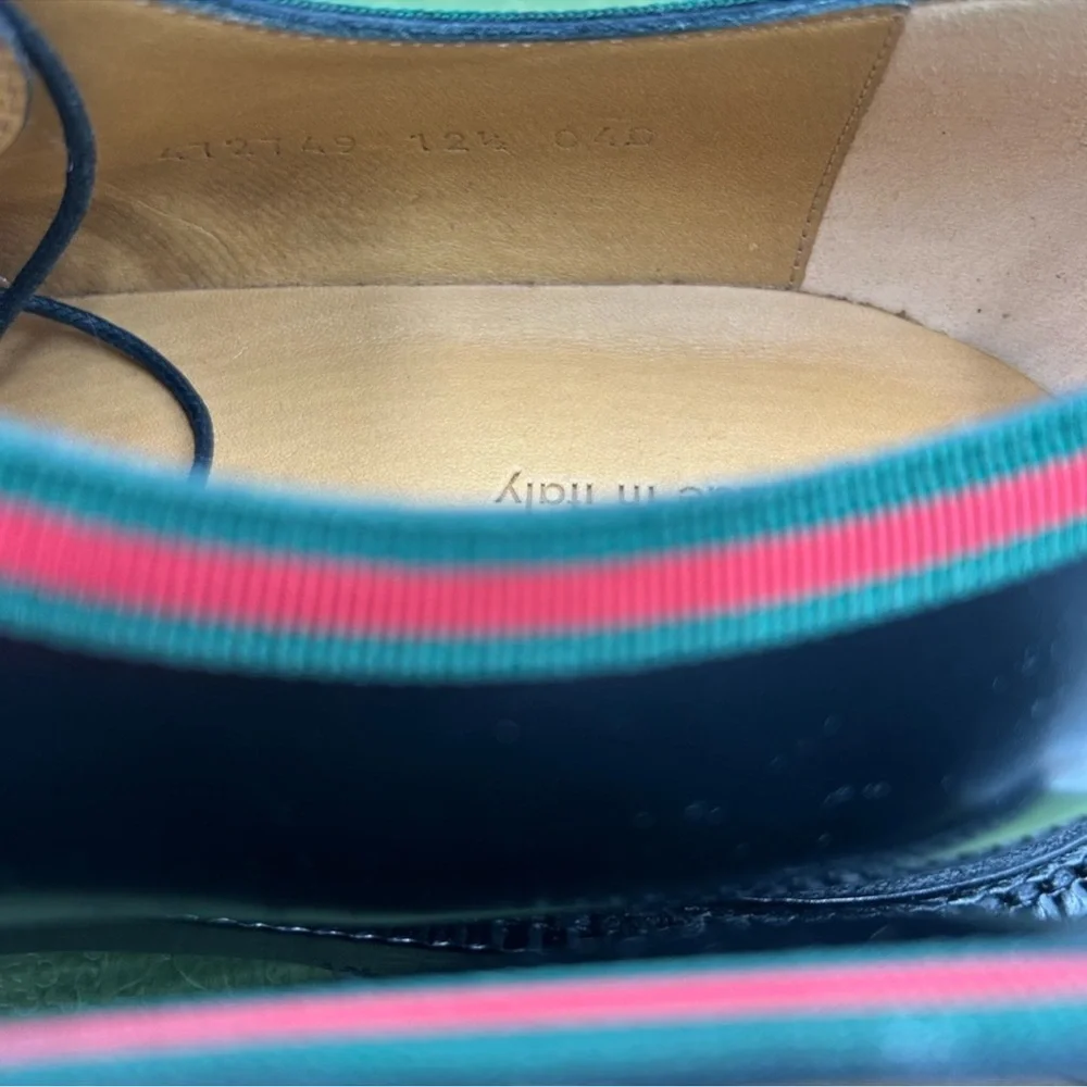 Men’s Gucci, black leather derby, shoes with green red web trim size 12.5
